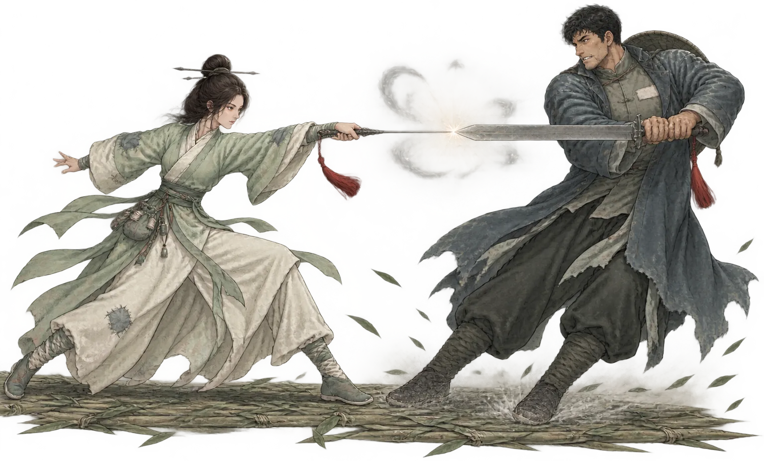Lan Yuejin lunges and the tip of her needle-sword meets the tip of Jia Wenhao's broadsword. Sparks and a ring of mist burst at the point of contact.
