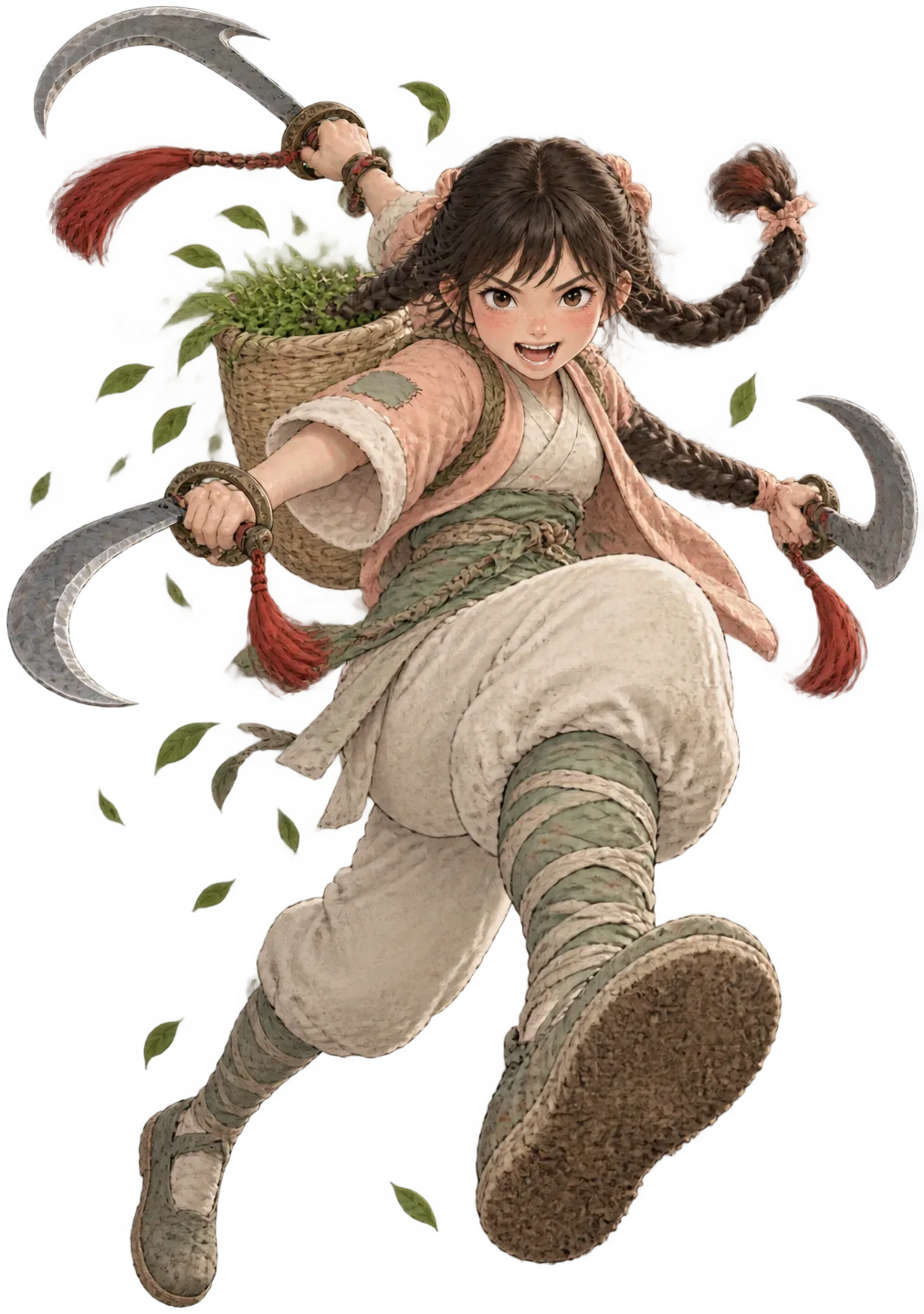 Xiao Tang seen from below in mid-leap, hook swords spread, tea leaves spilling from her basket.
